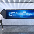 Modern Exhibition Hall With Large Screen Polished Floor Ceiling Light Strips And Visitors