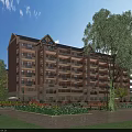 Modern Red Brick Residential Building With Multiple Balconies Lush Greenery And Flower Gardens