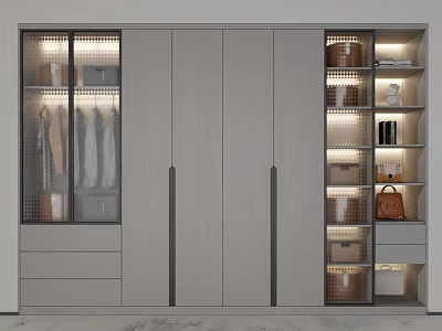 Modern Wardrobe With Sliding Doors Hanging Rods Open Shelves And Storage Baskets 3d model