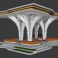 Modern Pergola Design With Curved Metal Structure Wooden Base And Greenery
