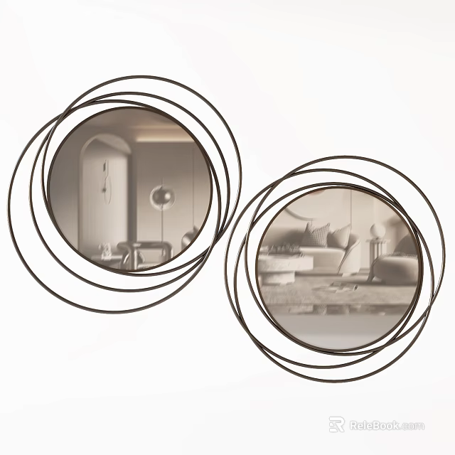 Modern Circular Mirrors Featuring Multiple Ring Frames Reflecting Living Room Interior Design 3d model