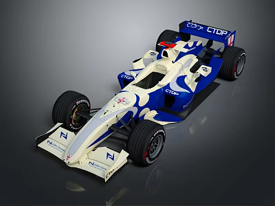 White And Blue Formula Racing Car With Aerodynamic Body Design And Sponsor Logos 3d model