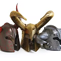 Mythical Horned Helmets Collection Featuring Red Gold And Silver Decorative Fantasy Designs