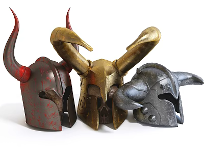 Mythical Horned Helmets Collection Featuring Red Gold And Silver Decorative Fantasy Designs 3d model