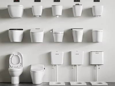 Various Modern Toilet Designs Featuring Wall Mounted And Floor Standing Models With Different Tank Styles 3d model