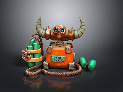 Unique Skull Shaped Backpack With Horns Orange Color Green Cylindrical Accessories And Rope Decoration 3d model