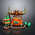 Unique Skull Shaped Backpack With Horns Orange Color Green Cylindrical Accessories And Rope Decoration