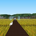 Rural Landscape Featuring Golden Rice Fields Wooden Walkway Farmhouses And Green Mountains Under Blue Sky