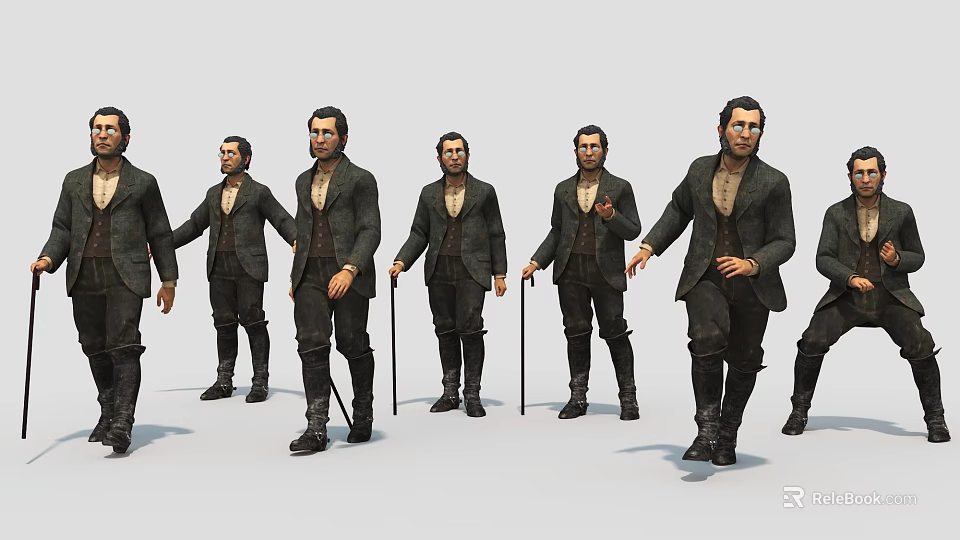 Game and Movie Male Characters in Vintage Clothing Holding Canes with Various Poses 3d model 