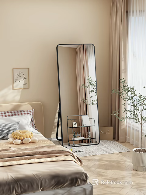 Bedroom Interior With Full Length Mirror Black Frame Beige Headboard Plaid Pillows And Green Plant 3d model 