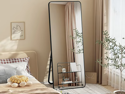 Bedroom Interior With Full Length Mirror Black Frame Beige Headboard Plaid Pillows And Green Plant 3d model
