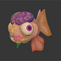 Unique Aquatic Animal Character Featuring Purple Head Large Eyes Yellow Teeth And Orange Fins
