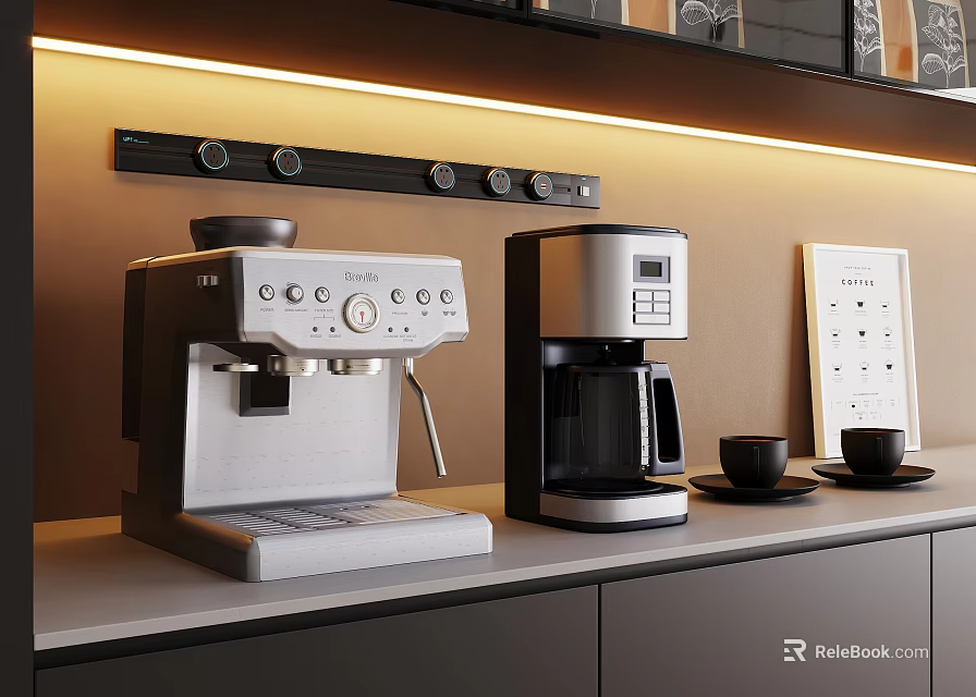 Modern Kitchen Countertop With Espresso And Drip Coffee Machines Coffee Cups And Cabinets 3d model 