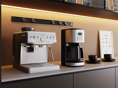 Modern Kitchen Countertop With Espresso And Drip Coffee Machines Coffee Cups And Cabinets 3d model