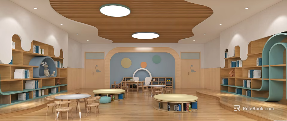 Kindergarten Interior With Wooden Wavy Ceiling Blue Walls Circular Decorations Round Tables Chairs And Bookshelves 3d model 