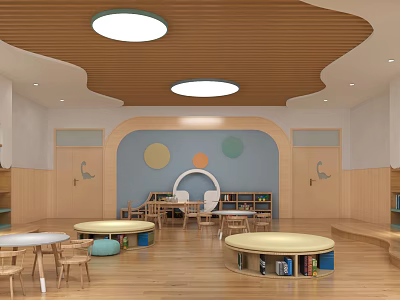 Kindergarten Interior With Wooden Wavy Ceiling Blue Walls Circular Decorations Round Tables Chairs And Bookshelves 3d model