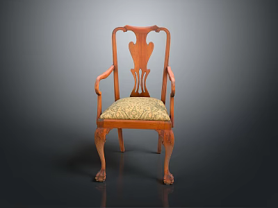 Classic Wooden Chair With Carved Backrest Armrests and Patterned Upholstered Seat 3d model