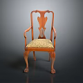 Classic Wooden Chair With Carved Backrest Armrests and Patterned Upholstered Seat
