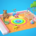 Cartoon Play Area With Teddy Bear Baby Crib Rainbow Rug Small Furniture And Colorful Ball
