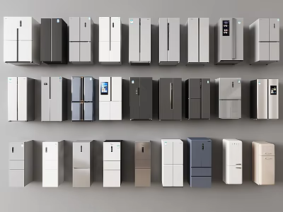 Refrigerators and Freezers in Various Colors Different Styles and Types Neatly Arranged 3d model