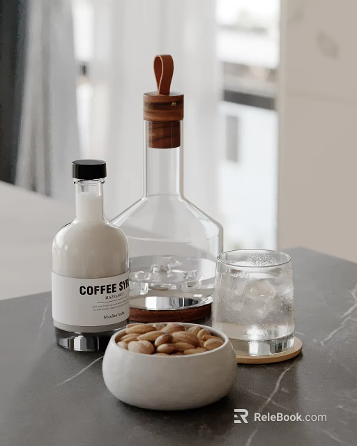 Modern Kitchen Dark Marble Countertop With Coffee Syrup Glass Bottle Glass With Ice And Almonds 3d model 