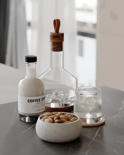 Modern Kitchen Dark Marble Countertop With Coffee Syrup Glass Bottle Glass With Ice And Almonds 3d model