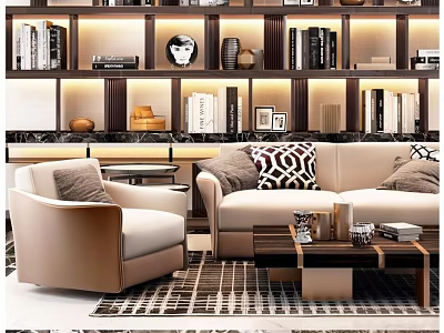 Modern Sofa and Coffee Table Set with Armchair Bookshelves and Decorative Items 3d model