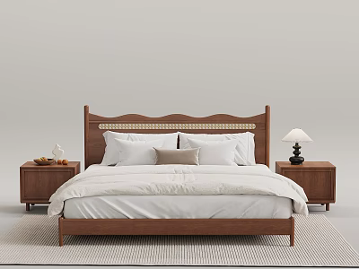 Minimalist Wooden Double Bed With Curved Headboard White Linen And Bedside Tables 3d model