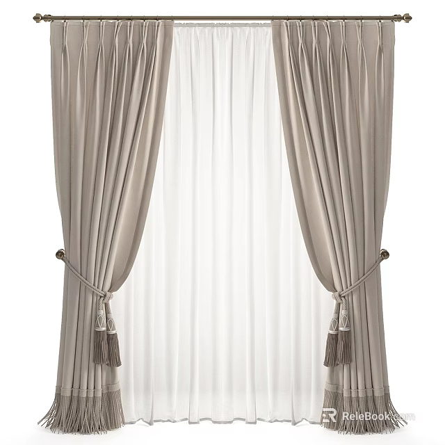 Elegant Soft Beige Curtains With Tassel Tiebacks And Sheer Window Panels 3d model 