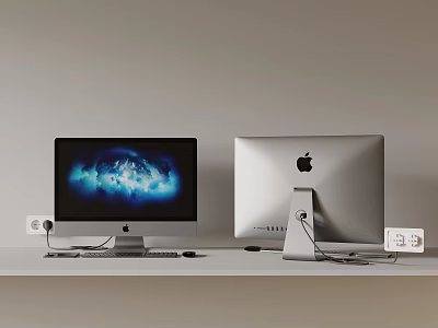 Two Apple Monitors Desktop Setup With Blue Cloud Screen Display And White Desk 3d model