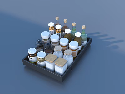 Multiple Medicine Bottles In A Black Tray With White And Brown Lids 3d model