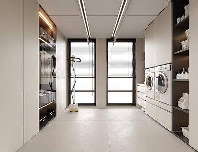 Modern Cloakroom Interior With Large Windows Storage And Laundry Appliances 3d model