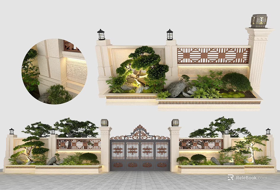 Traditional Chinese Entrance Gate With Garden Plants Decorative Railings And Stone Lanterns 3d model 