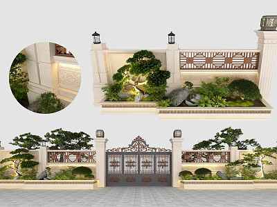 Traditional Chinese Entrance Gate With Garden Plants Decorative Railings And Stone Lanterns 3d model