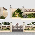 Traditional Chinese Entrance Gate With Garden Plants Decorative Railings And Stone Lanterns