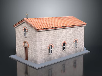 Stone Church Building With Red Tile Roof Stone Wall Windows And Cross On Top 3d model