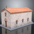 Stone Church Building With Red Tile Roof Stone Wall Windows And Cross On Top