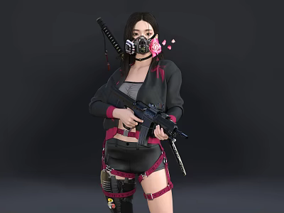 Woman Wearing Black Coat with Pink Flowers Gas Mask Holding Gun and Sword 3d model