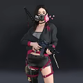 Woman Wearing Black Coat with Pink Flowers Gas Mask Holding Gun and Sword