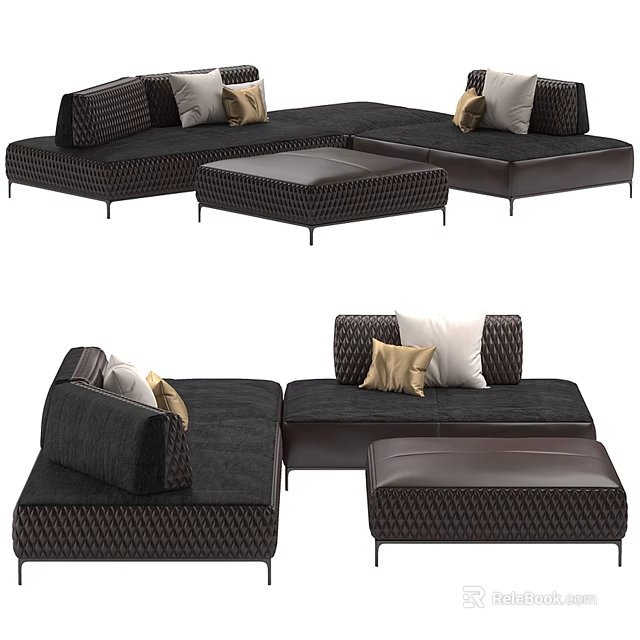 Modern Dark Colored Sectional Sofa Set With Wicker Texture White Beige Cushions And Ottoman 3d model