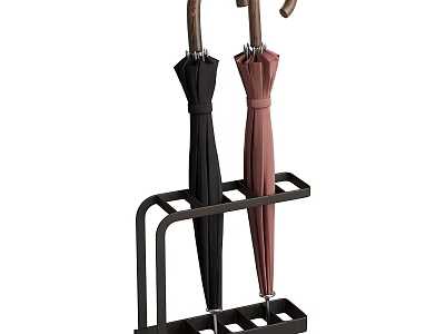 Metal Umbrella Stand With Black And Brown Umbrellas For Home Organization 3d model