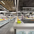 Spacious Modern Supermarket Interior With Fresh Fruits Vegetables And Shopping Customers