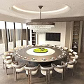 Elegant Banquet Hall Interior Featuring Round Dining Table Chandelier Green Plant Centerpiece And TV Screen