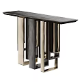 Modern Console Table Side Cabinet With Dark Wood Top And Geometric Metal Brass Legs Design