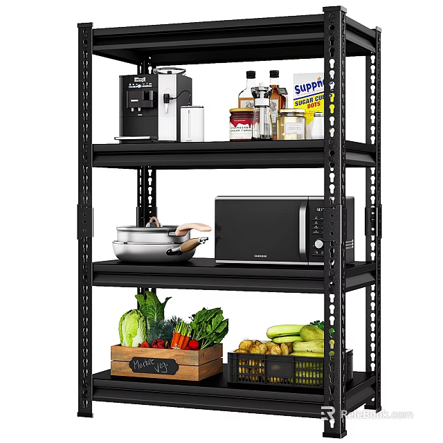 Dinnerware Set Storage on Black Kitchen Rack with Microwave Pot and Vegetables 3d model 
