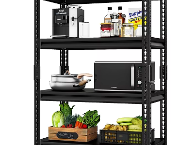 Dinnerware Set Storage on Black Kitchen Rack with Microwave Pot and Vegetables 3d model