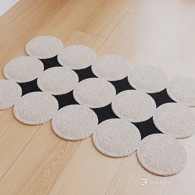 Patterned Rug Featuring White Circular and Black Triangular Shapes on Wooden Floor 3d model 