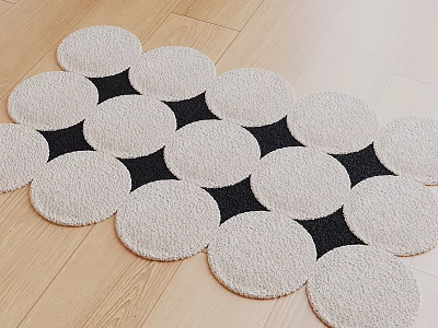 Patterned Rug Featuring White Circular and Black Triangular Shapes on Wooden Floor 3d model