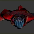 Blue Skinned Humanoid Character In Red Futuristic Armor With Blue Details