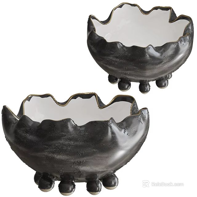 Black Ceramic Vases With Wavy Edges And Small Round Feet For Fresh Flowers 3d model 